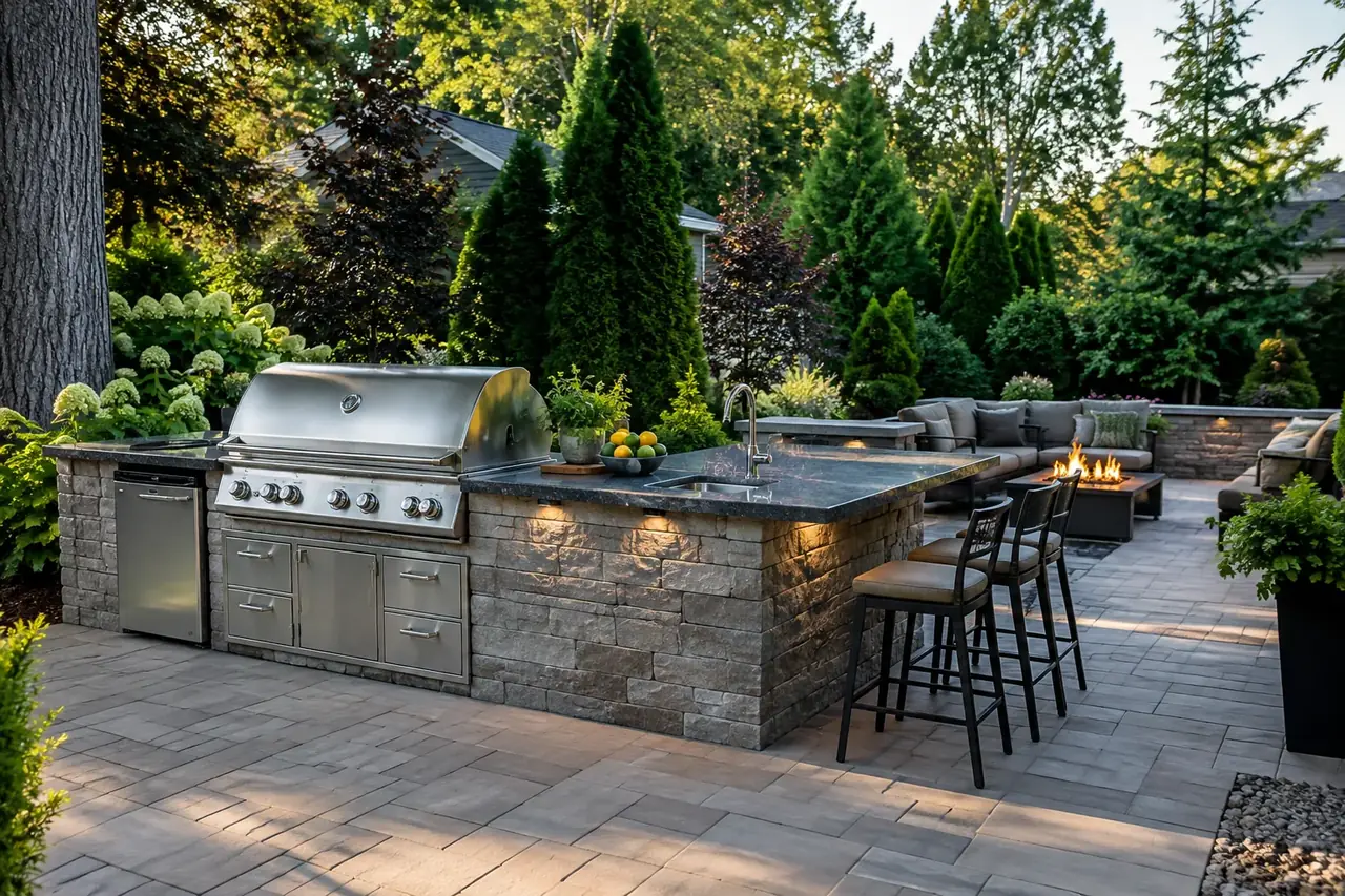 Cuisine extérieure intégrée à une terrasse en pierre avec espace repas